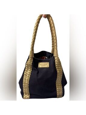 Kate Spade Navy Canvas Tote Gold Braided Handles Shoulder Bag